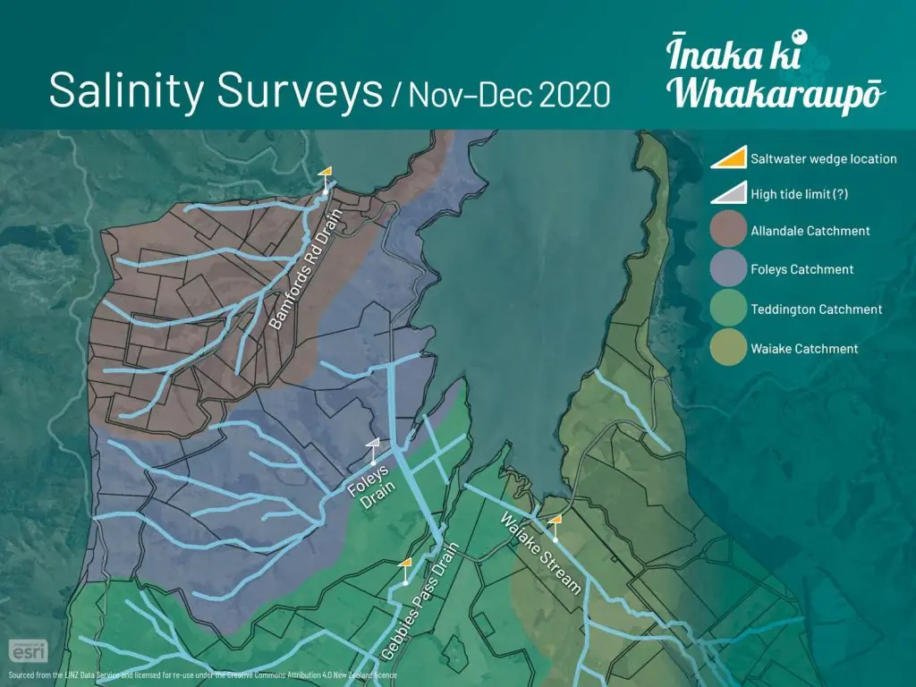 Map of Salinity Surveys / Nov–Dec 2020. Īnaka ki Whakaraupō. Saltwater wedge locations: Bamfords Rd Drain, Gebbies Pass Drain, Waiake Stream. High tide limit (?): Foleys Drain. Allandale Catchment: includes Bamfords Rd Drain. Foleys Catchment: includes Foleys Drain. Teddington Catchment: includes Gebbies Pass Drain. Waiake Catchment: includes Waiake Stream. Sourced from the LINZ Data Service and licensed for re-use under the Creative Commons Attribution 4.0 New Zealand Licence.